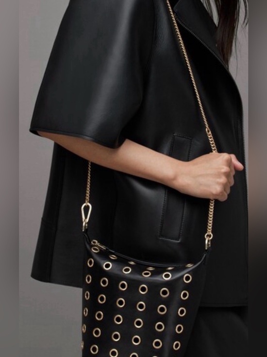 All Saints Handbags - AllSaints Evaline Eyelet Leather Crossbody Bag Black Gold Chain